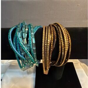 Crystal Wrap Bracelet Set Teal Amber Rhinestone Faux Suede Boho Stackable 2pc